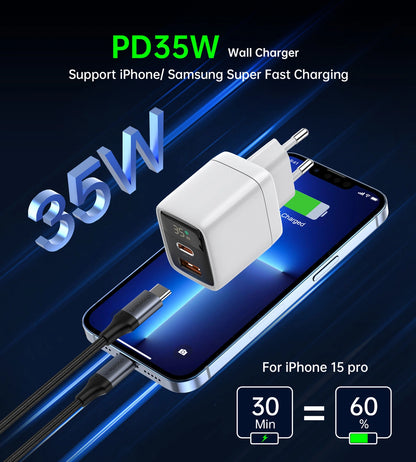 Choetech PD6052 USB-C USB-A PD 35W GaN wall charger with display - white_4