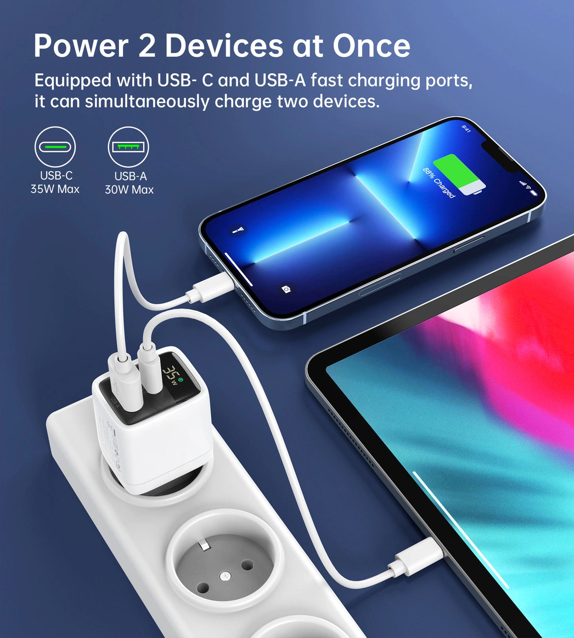 Choetech PD6052 USB-C USB-A PD 35W GaN wall charger with display - white_5