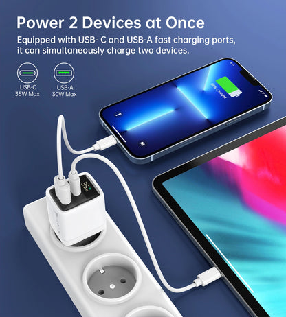 Choetech PD6052 USB-C USB-A PD 35W GaN wall charger with display - white_5