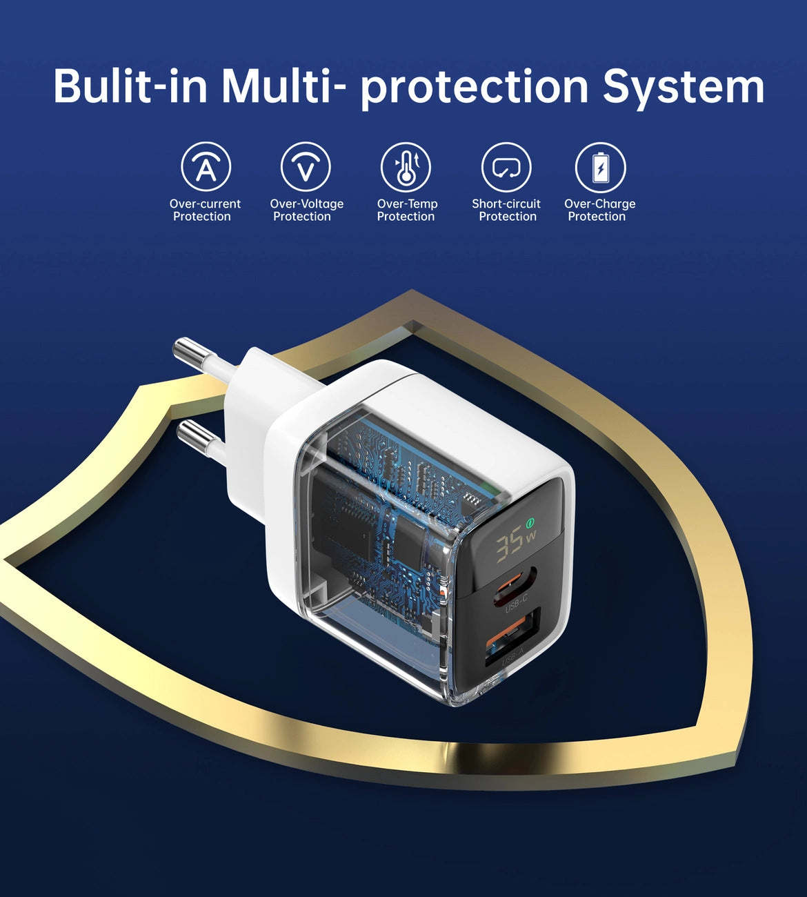 Choetech PD6052 USB-C USB-A PD 35W GaN wall charger with display - white_7