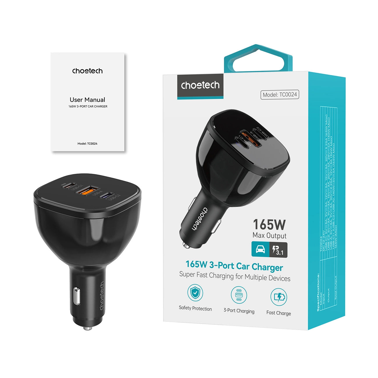 Choetech TC0024 car charger 160W 2x USB-C PD 3.1 1x USB-A - black_2