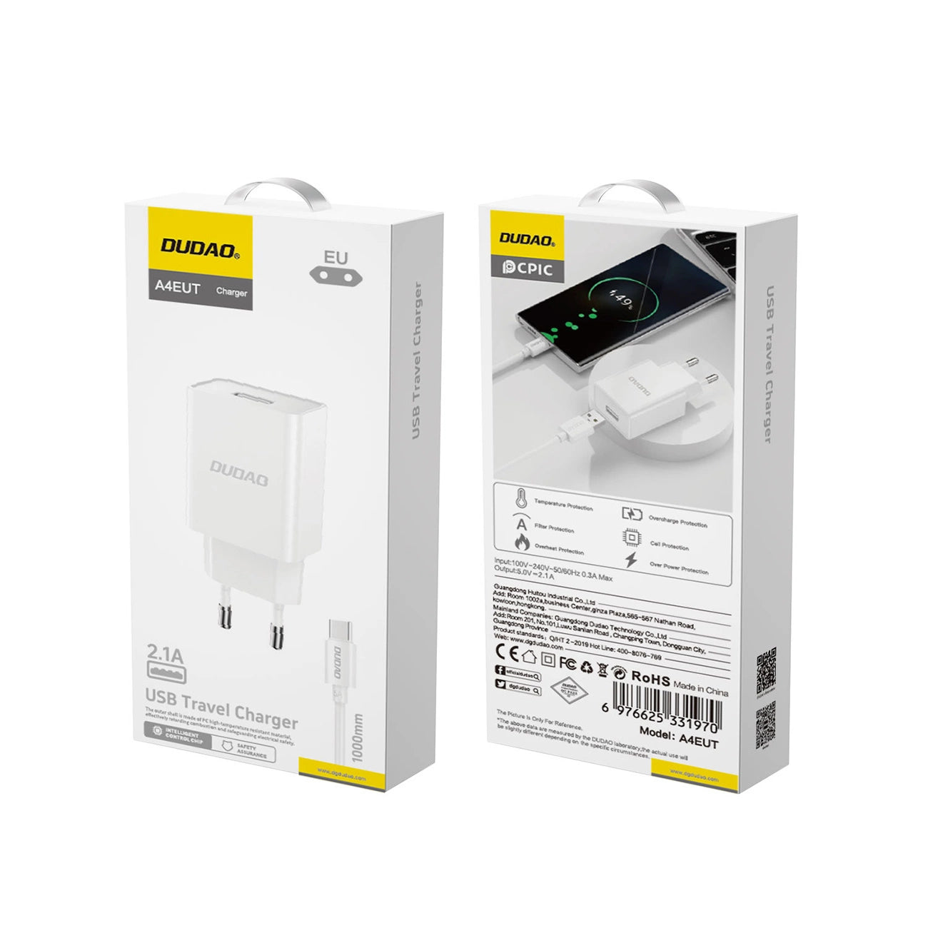 Dudao A4EU USB-A 2.1A wall charger - white + USB-A - USB-C cable_2