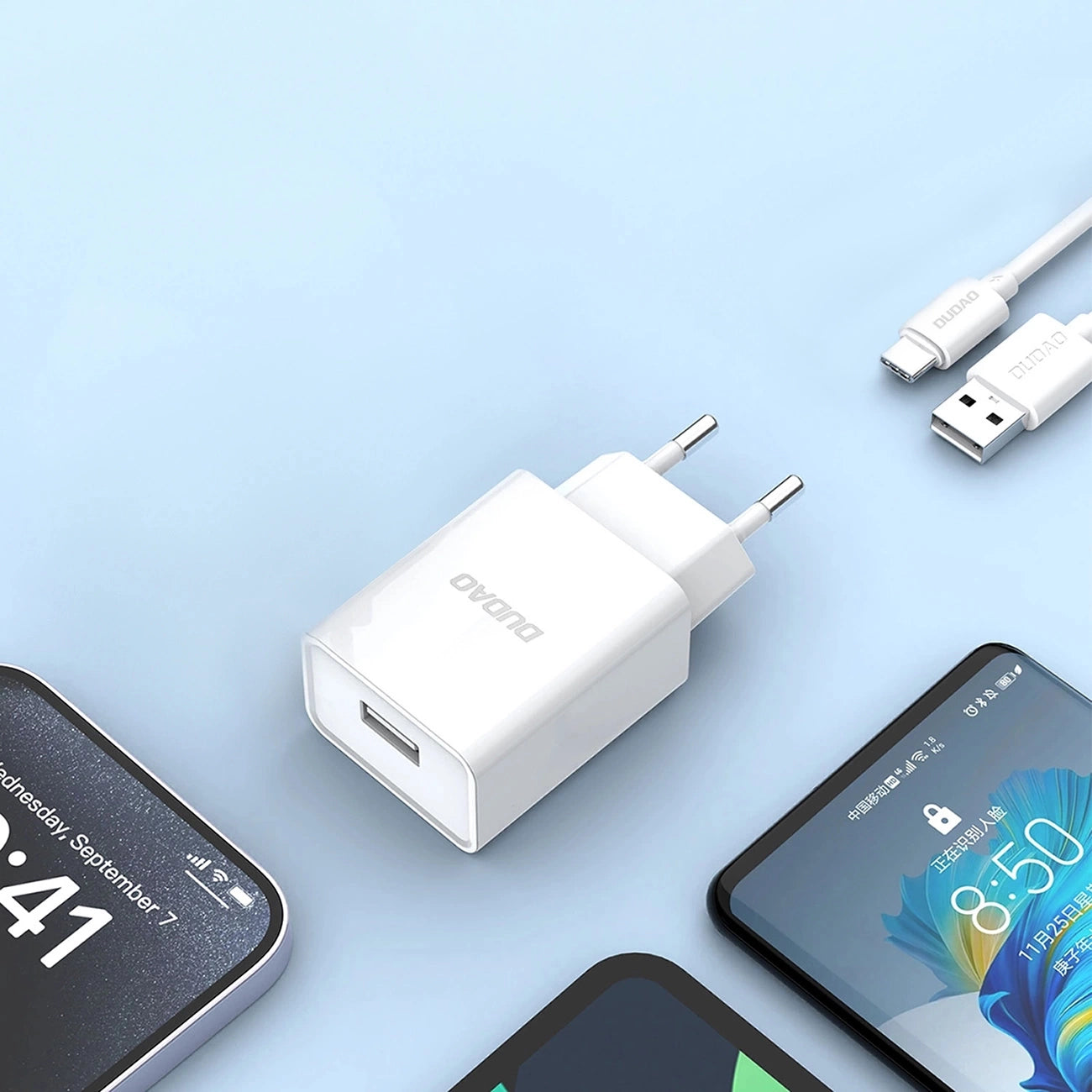 Dudao A4EU USB-A 2.1A wall charger - white + USB-A - USB-C cable_8