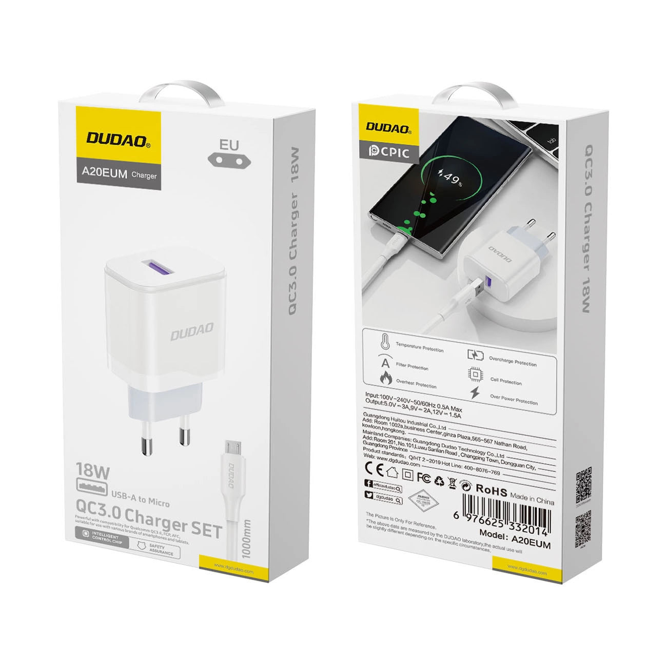 Dudao A20EU USB-A 18W network charger - white + USB-A - micro USB cable_4