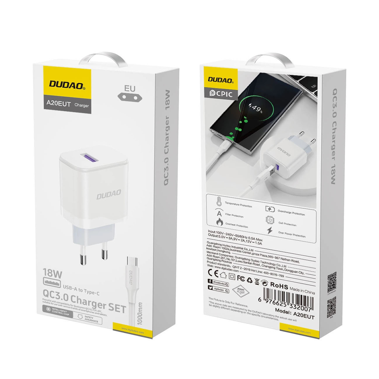 Dudao A20EU USB-A 18W network charger - white + USB-A - USB-C cable_4