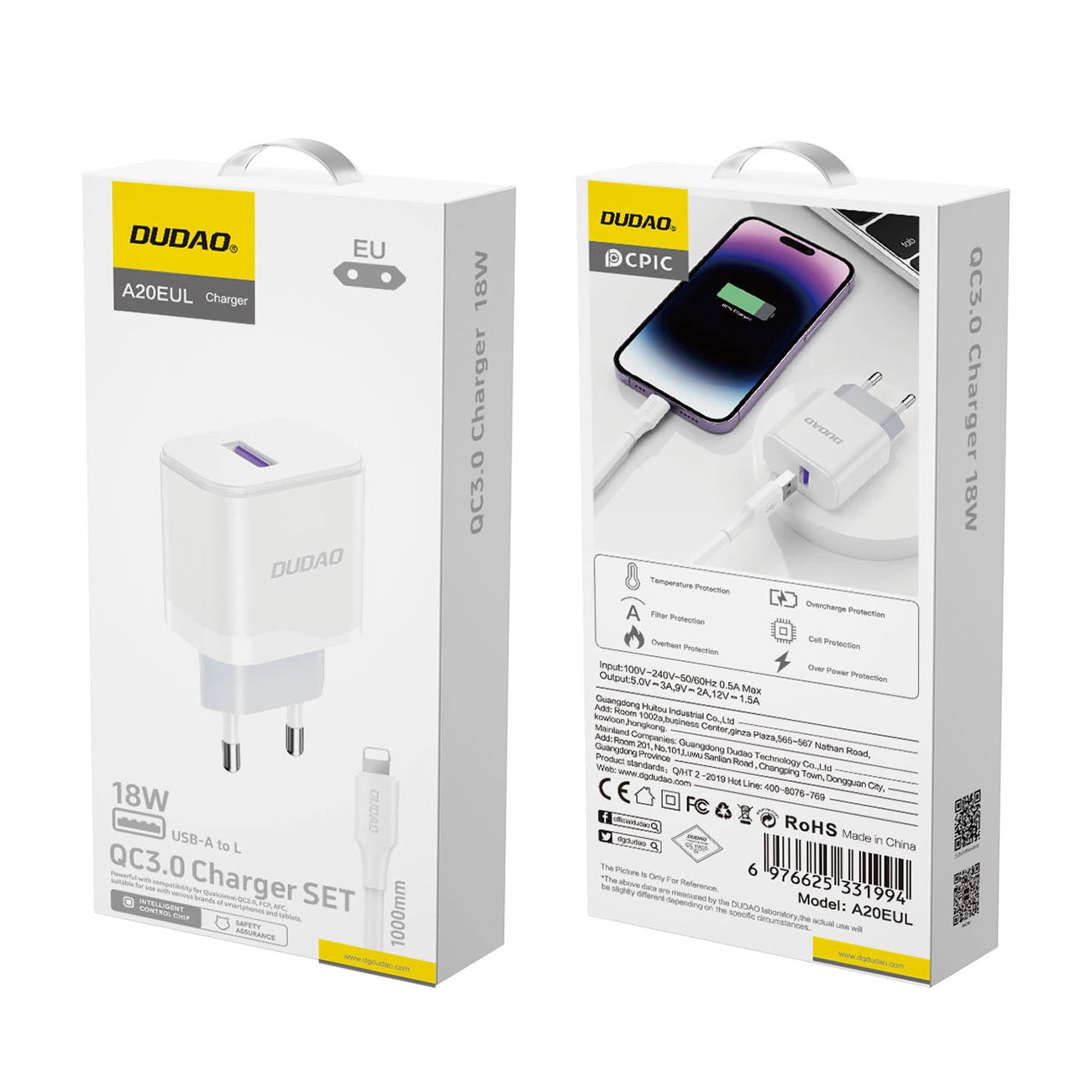 Dudao A20EU USB-A 18W network charger - white + USB-A - Lightning cable_4