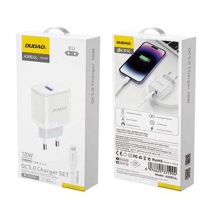 Dudao A20EU USB-A 18W network charger - white + USB-A - Lightning cable_4