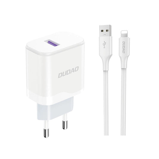 Dudao A20EU USB-A 18W network charger - white + USB-A - Lightning cable_0