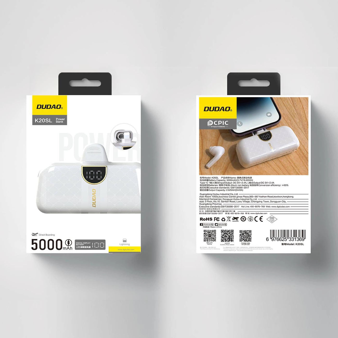 Dudao K20SL 5000mAh mini power bank with Lightning / USB-C connectors - white_5