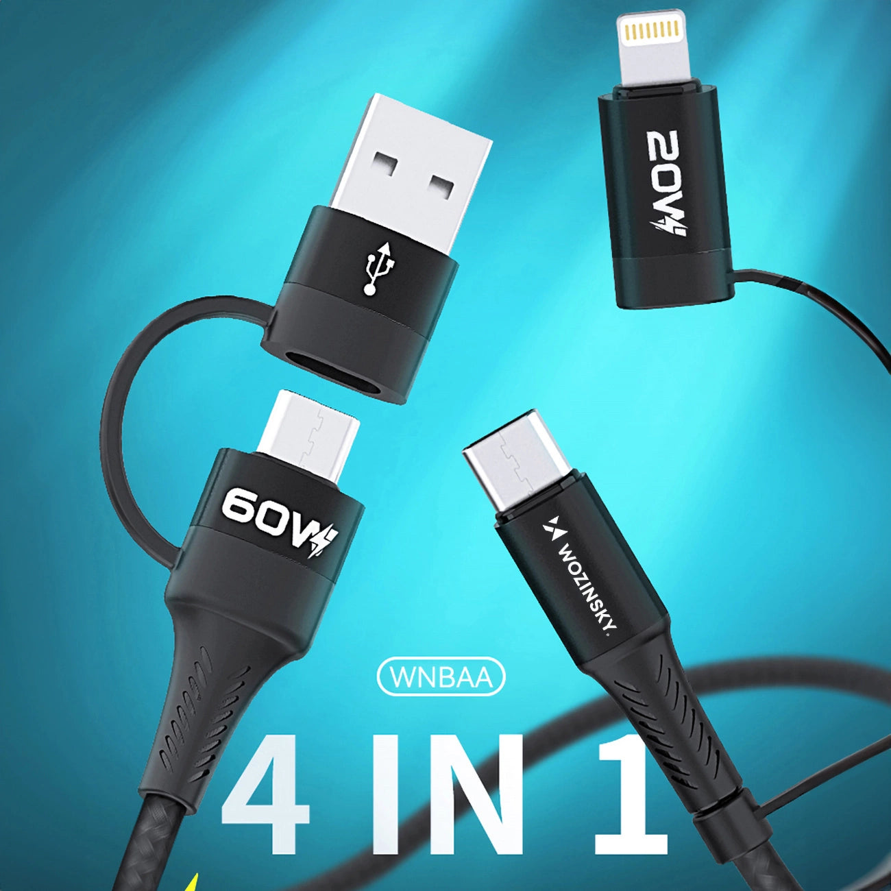 Wozinsky WNBAA 4in1 cable 2x USB-C 1x USB-A 1x Lightning 60W 1 m - black_4