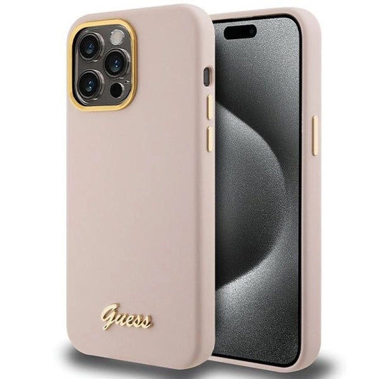 Guess Silicone Script Metal Logo & Frame case for iPhone 15 Pro - pink_0
