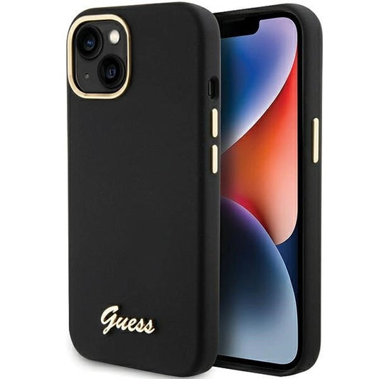 Guess Silicone Script Metal Logo &amp; Frame case for iPhone 15 - black_0