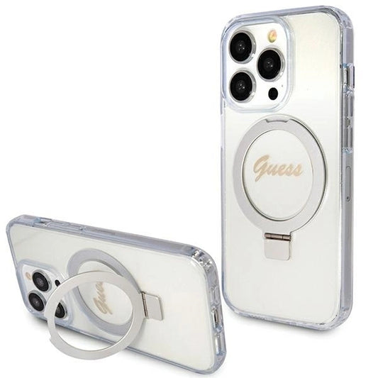 Guess Ring Stand Script Glitter MagSafe case for iPhone 15 Pro - transparent_0