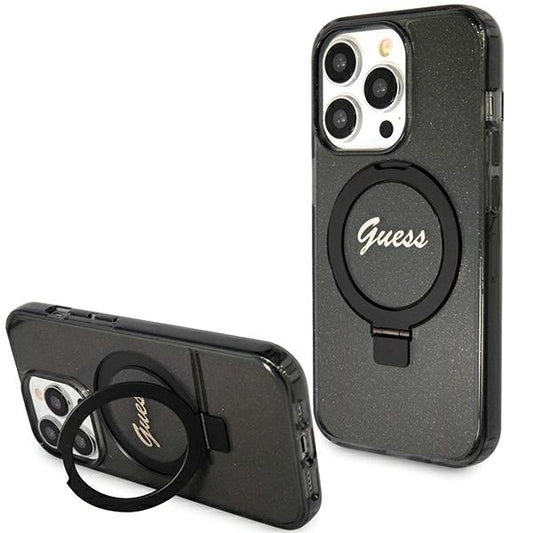 Guess Ring Stand Script Glitter MagSafe case for iPhone 15 Pro - black_0