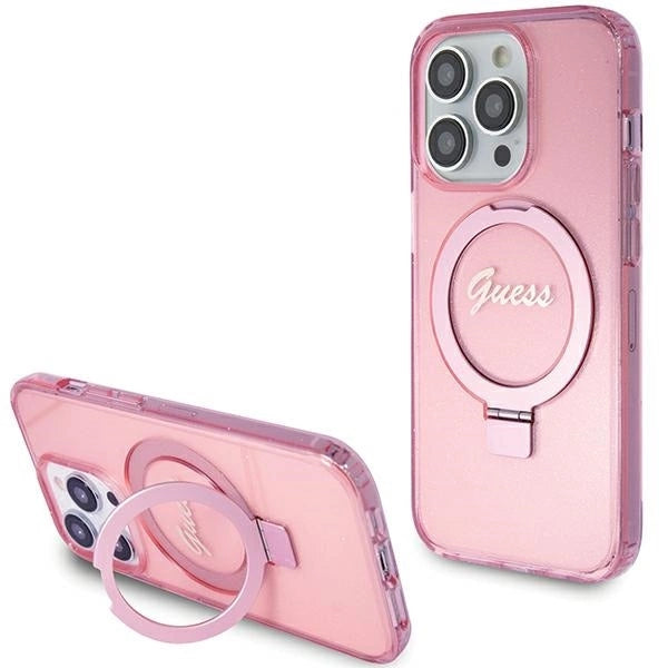 Guess Ring Stand Script Glitter MagSafe case for iPhone 15 Pro - pink_0