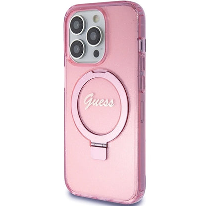 Guess Ring Stand Script Glitter MagSafe case for iPhone 15 Pro - pink_1