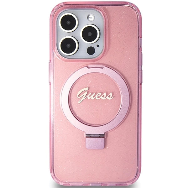 Guess Ring Stand Script Glitter MagSafe case for iPhone 15 Pro - pink_2