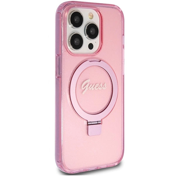 Guess Ring Stand Script Glitter MagSafe case for iPhone 15 Pro - pink_3