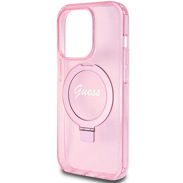 Guess Ring Stand Script Glitter MagSafe case for iPhone 15 Pro - pink_5