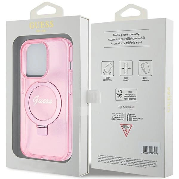 Guess Ring Stand Script Glitter MagSafe case for iPhone 15 Pro - pink_7