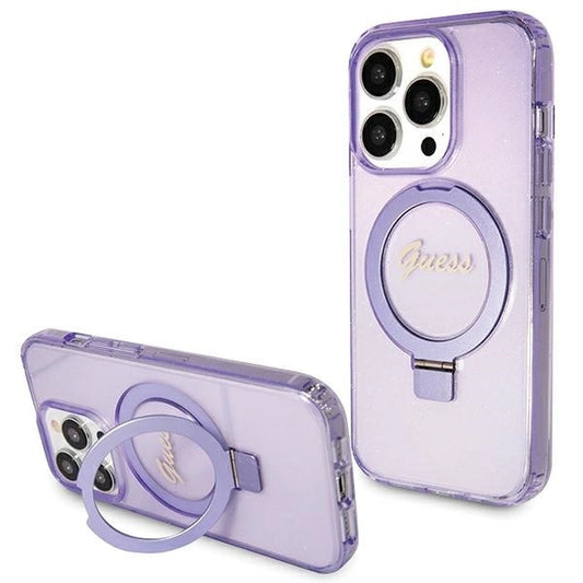 Guess Ring Stand Script Glitter MagSafe case for iPhone 15 Pro - purple_0