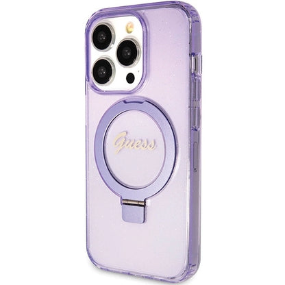 Guess Ring Stand Script Glitter MagSafe case for iPhone 15 Pro - purple_1