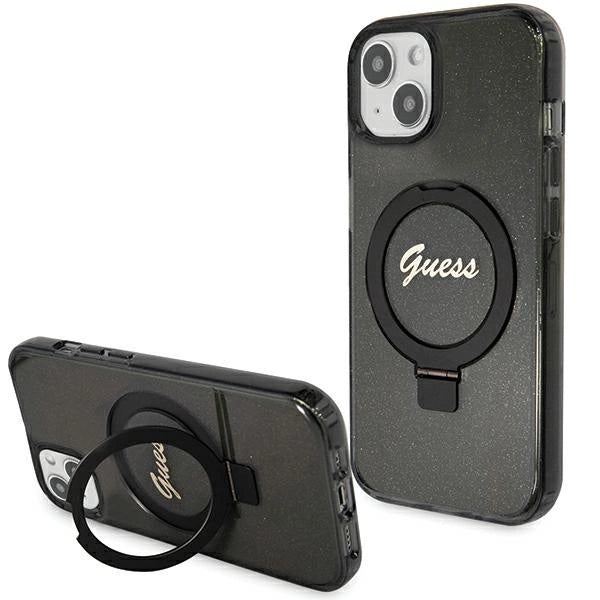 Guess Ring Stand Script Glitter MagSafe Case for iPhone 15 Plus / 14 Plus - Black_0
