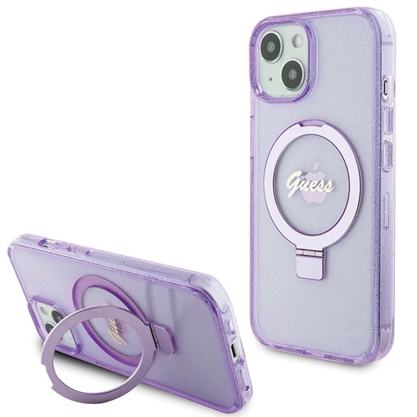 Guess Ring Stand Script Glitter MagSafe case for iPhone 15 Plus / 14 Plus - purple_0
