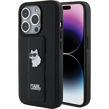 Karl Lagerfeld Gripstand Saffiano Choupette Pins case for iPhone 15 Pro - black_0
