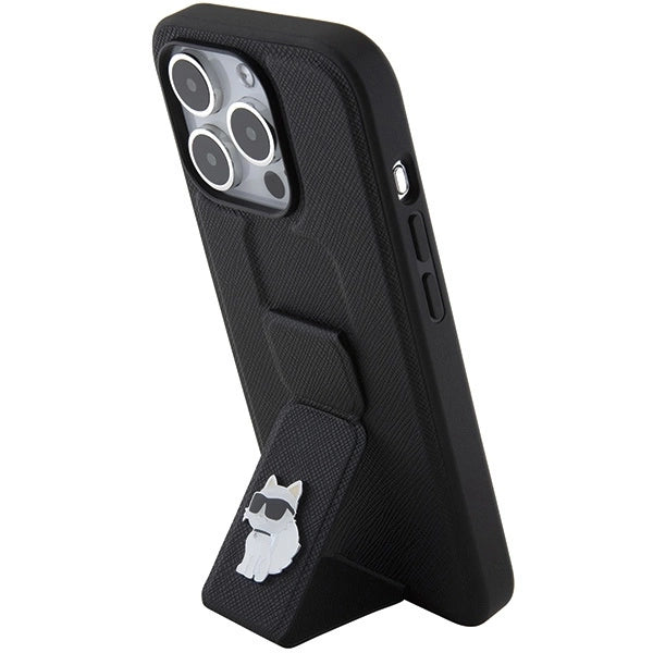 Karl Lagerfeld Gripstand Saffiano Choupette Pins case for iPhone 15 Pro - black_1