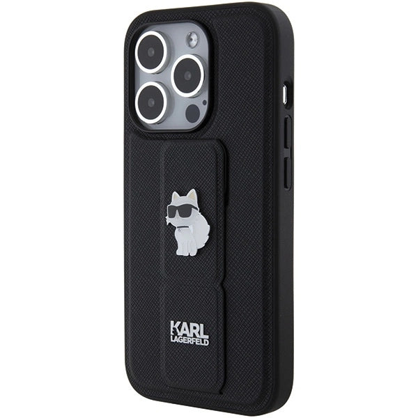 Karl Lagerfeld Gripstand Saffiano Choupette Pins case for iPhone 15 Pro - black_2