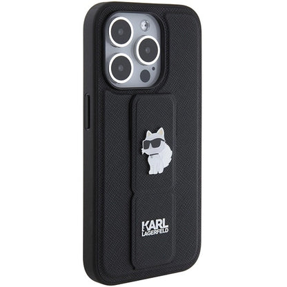 Karl Lagerfeld Gripstand Saffiano Choupette Pins case for iPhone 15 Pro - black_4