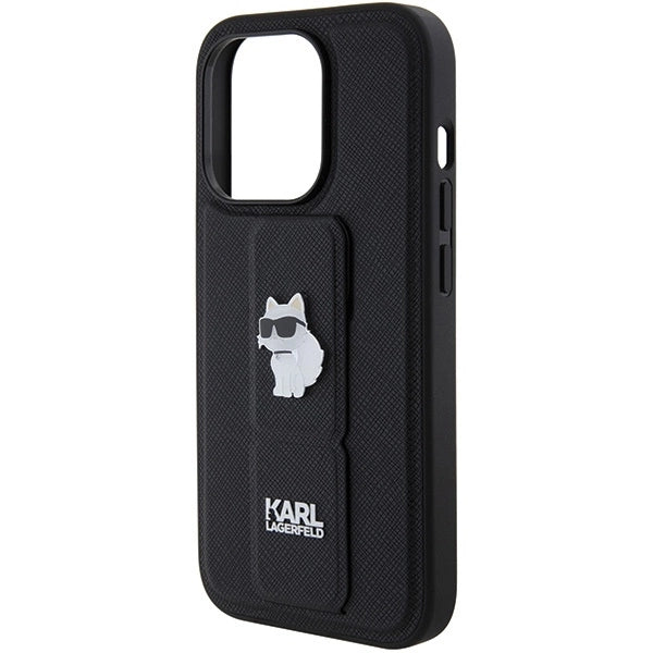 Karl Lagerfeld Gripstand Saffiano Choupette Pins case for iPhone 15 Pro - black_6