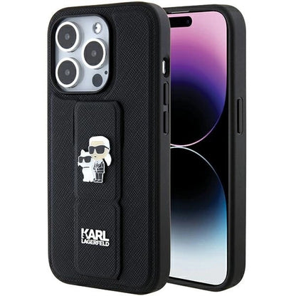Karl Lagerfeld Gripstand Saffiano Karl&amp;Choupette Pins case for iPhone 15 Pro - black_0