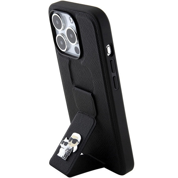 Karl Lagerfeld Gripstand Saffiano Karl&amp;Choupette Pins case for iPhone 15 Pro - black_1