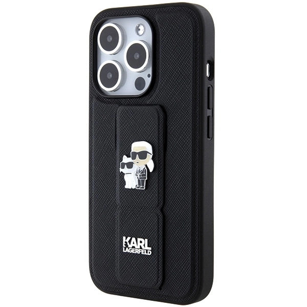 Karl Lagerfeld Gripstand Saffiano Karl&amp;Choupette Pins case for iPhone 15 Pro - black_2