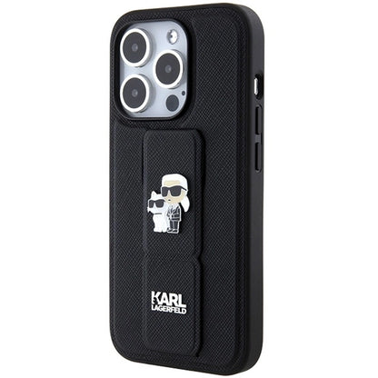 Karl Lagerfeld Gripstand Saffiano Karl&amp;Choupette Pins case for iPhone 15 Pro - black_2