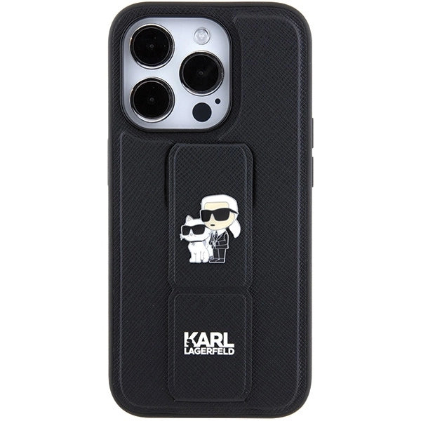 Karl Lagerfeld Gripstand Saffiano Karl&amp;Choupette Pins case for iPhone 15 Pro - black_3