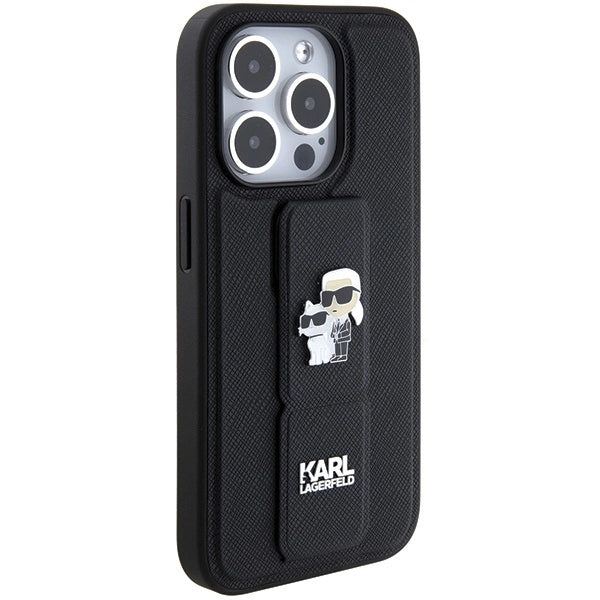 Karl Lagerfeld Gripstand Saffiano Karl&amp;Choupette Pins case for iPhone 15 Pro - black_4
