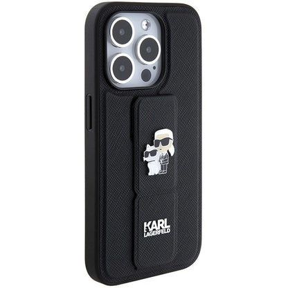 Karl Lagerfeld Gripstand Saffiano Karl&amp;Choupette Pins case for iPhone 15 Pro - black_4