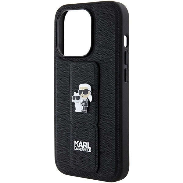 Karl Lagerfeld Gripstand Saffiano Karl&amp;Choupette Pins case for iPhone 15 Pro - black_6
