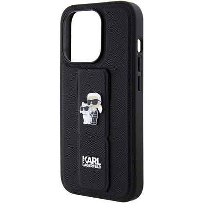 Karl Lagerfeld Gripstand Saffiano Karl&amp;Choupette Pins case for iPhone 15 Pro - black_6