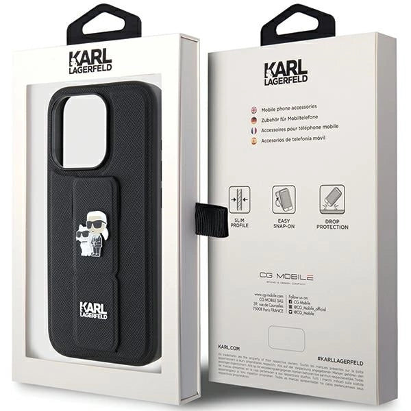 Karl Lagerfeld Gripstand Saffiano Karl&amp;Choupette Pins case for iPhone 15 Pro - black_8