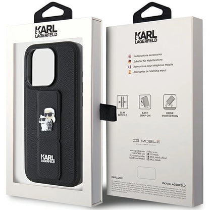 Karl Lagerfeld Gripstand Saffiano Karl&amp;Choupette Pins case for iPhone 15 Pro - black_8