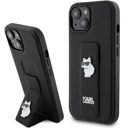 Karl Lagerfeld Gripstand Saffiano Choupette Pins Case for iPhone 15 Plus / 14 Plus - Black_0