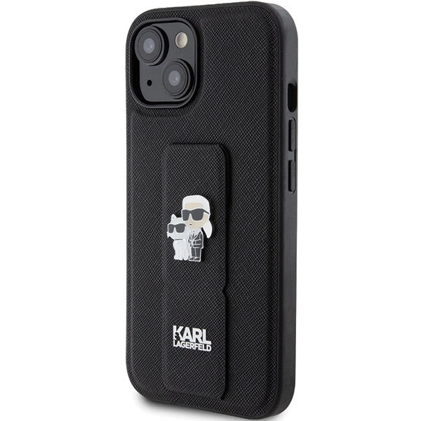 Karl Lagerfeld Gripstand Saffiano Karl&amp;Choupette Pins case for iPhone 15 Plus / 14 Plus - black_1