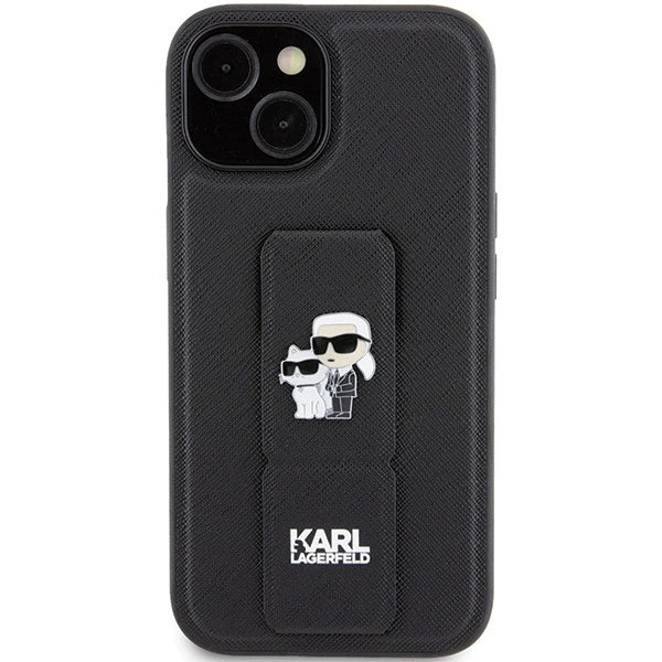 Karl Lagerfeld Gripstand Saffiano Karl&amp;Choupette Pins case for iPhone 15 Plus / 14 Plus - black_2