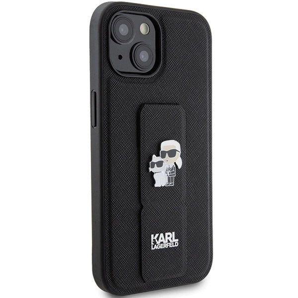 Karl Lagerfeld Gripstand Saffiano Karl&amp;Choupette Pins case for iPhone 15 Plus / 14 Plus - black_3