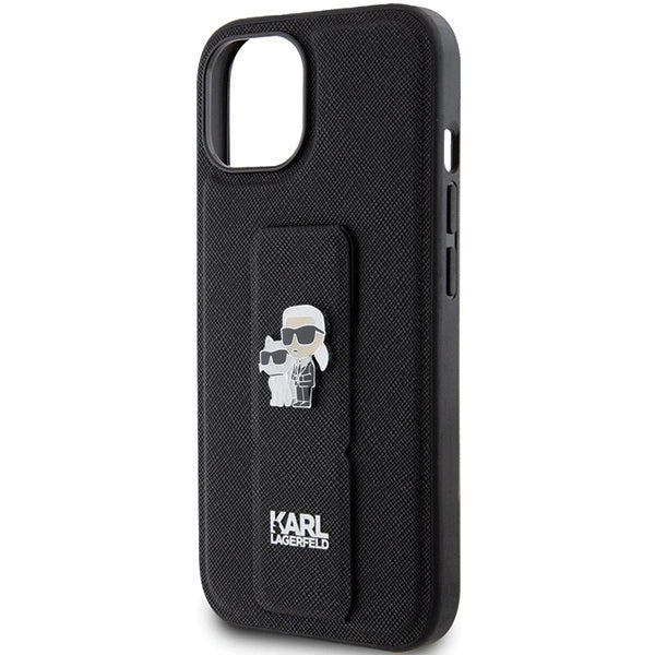 Karl Lagerfeld Gripstand Saffiano Karl&amp;Choupette Pins case for iPhone 15 Plus / 14 Plus - black_5