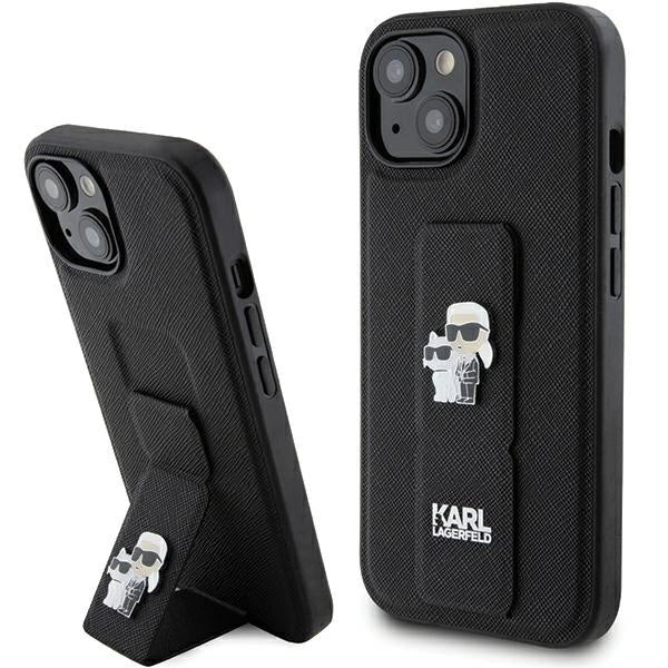 Karl Lagerfeld Gripstand Saffiano Karl&amp;Choupette Pins case for iPhone 15 - black_0